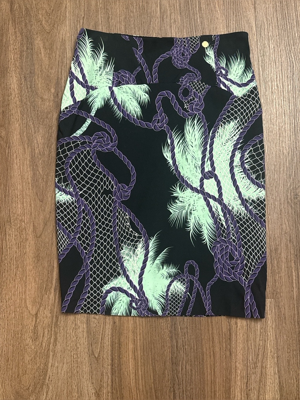 Versace Collection black Pencil skirt with purple rope and palm tree graphic